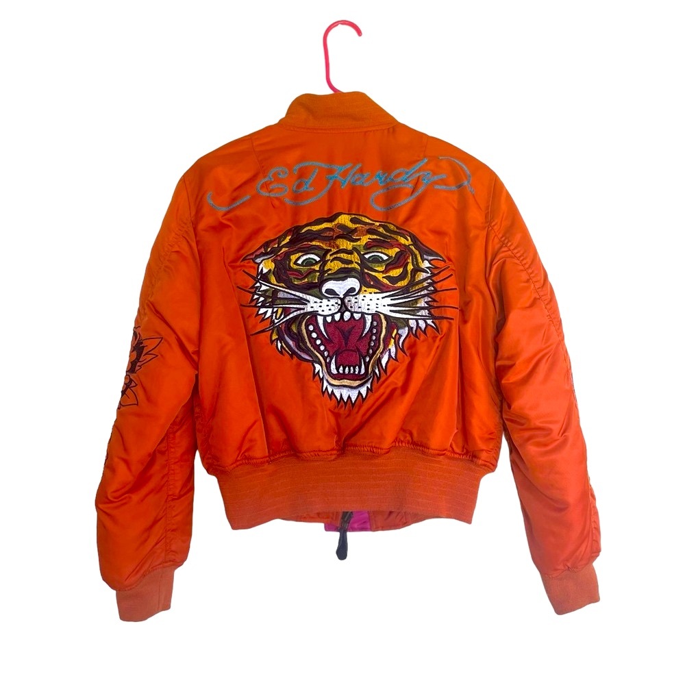 Ed Hardy Bomber Puffer Jacket Tiger Koi Fish Death Before Dishonor Reversible - Picture 2 of 7